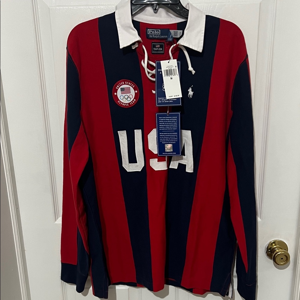 Polo by Ralph Lauren Red & Navy Striped USA Olympic Rugby Shirt Medium